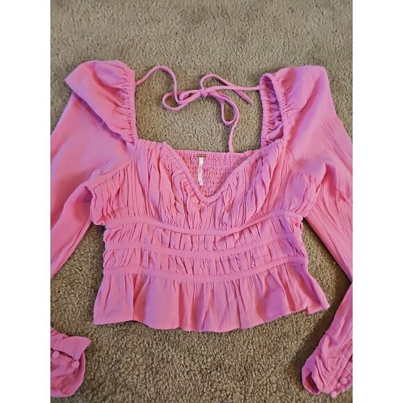 Free People Chloe Top Aurora Pink SMALL Sweetheart Neckline Smocked Back Tie $98 - Picture 4 of 9